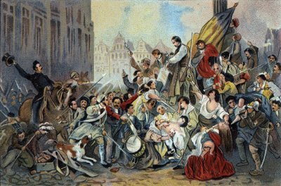 Episodio de la Revolución de 1830 frente al Ayuntamiento de Bruselas. Cromolitografía publicitaria de chocolates Antoine en Bruselas, principios del siglo XX. Colección privada de Anonymous Anonymous