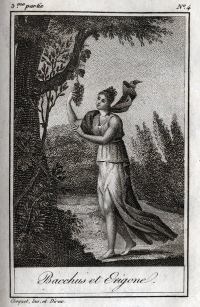 Erigo y Baco, Grabado de 1819 en "Lettres a Emilie sur la mythologie" por Charles Albert Demoustier (1760-1801). Colección privada. de Anonymous Anonymous