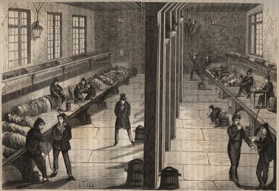 Fuga de tres convictos en la sala Saint Gilles del bagne de Rochefort el 28 de diciembre de 1840. Grabado en "Histoire des bagnes depuis leur création à nos jours" (1877) por Pierre Zaccone (1817-1895). Colección privada de Anonymous Anonymous
