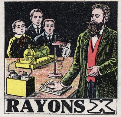 Éter (material): rayos X descubiertos por el físico alemán Wilhelm Conrad Roentgen o Röntgen (1845-1923). Ilustración anónima de 1925. Colección privada. de Anonymous Anonymous