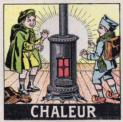Éter (material): dos niños calentados por el calor de una estufa. Ilustración anónima de 1925. Colección privada de Anonymous Anonymous