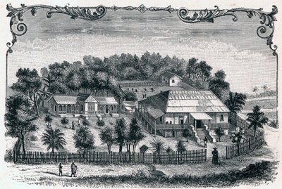 Vista exterior de la rectoría y la escuela de Hell Ville (Hell-Ville) (Andoany), capital de la isla de Nosy Be en Madagascar. Grabado en “Les Missions Catholiques au XIXeme Siecle” de Louis-Eugene Louvet. Colección privada. de Anonymous Anonymous