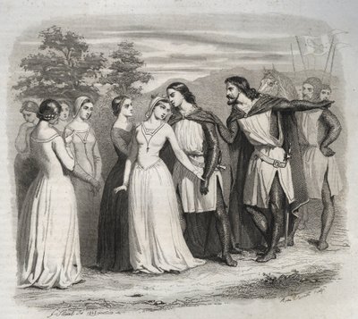 Despedida de Santa Isabel de Hungría (Turingia) (1207-1231) a su esposo, Luis IV de Turingia (1200-1227), que partía para la 6ª Cruzada en 1227. Grabado de 1846 en “Vidas de los santos”. Colección privada de Anonymous Anonymous
