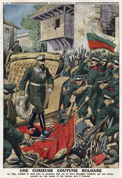 Primera Guerra Balcánica (Balcanes): Zar Fernando I de Bulgaria (1861-1948) marchando en tierras extranjeras conquistadas por su ejército en Mustapha-Pasha (Mustapha Pasha), ahora Ferdinandovo, pisoteando las armas y estandartes de los enemigos” ilustració de Anonymous Anonymous
