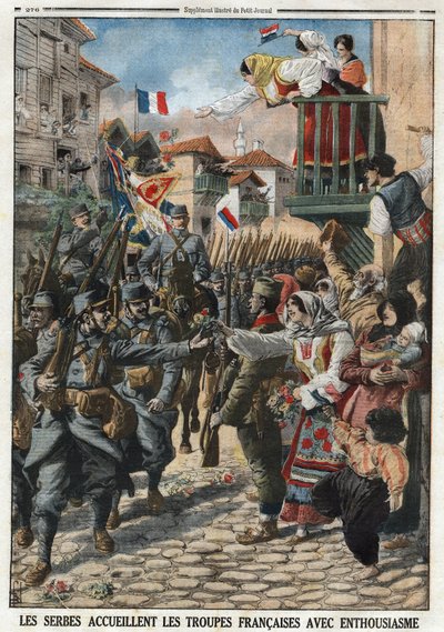 Primera Guerra Mundial 1914-1918 (14-18): Los serbios recibieron a las tropas francesas con entusiasmo. Grabado en 