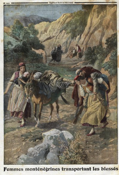 Primera Guerra Mundial 1914-1918 (14-18): mujeres de Montenegro llevando hombres heridos en la guerra en las espaldas de mulas o en sus propios hombros. Grabado en 