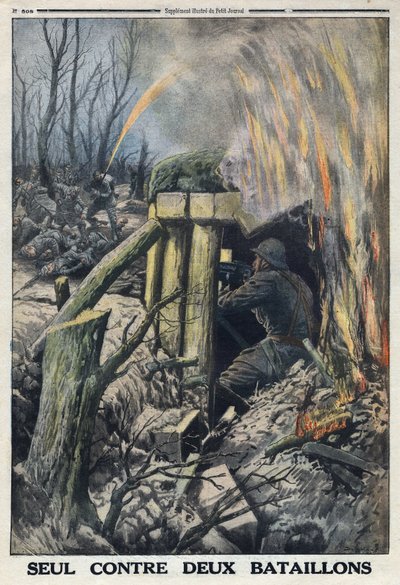 Primera Guerra Mundial 1914-1918. Un oficial francés lucha solo contra dos batallones del ejército alemán en el Bois de Caures. En “Le Petite Journal”, el 14/05/1916. Colección privada de Anonymous Anonymous