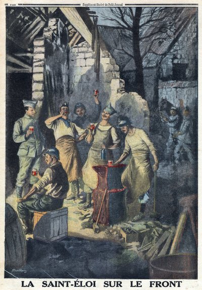 Primera Guerra Mundial 1914-1918. Celebración de San Eloy de los soldados en el frente. Todos beben una copa de vino tinto para la fiesta. En 