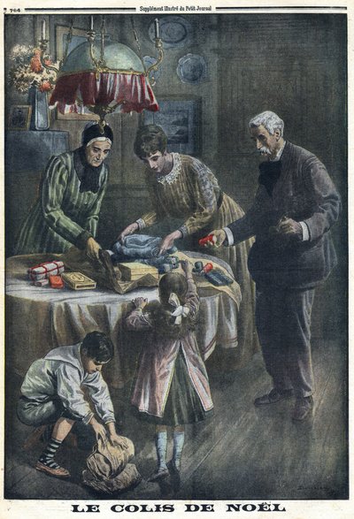 Primera Guerra Mundial 1914-1918. Regalo de Navidad: Los niños reciben y desempacan paquetes que recibieron de su padre en el campo de batalla en Nochebuena. En “Le Petite Journal”, el 24/12/1916. Colección privada de Anonymous Anonymous