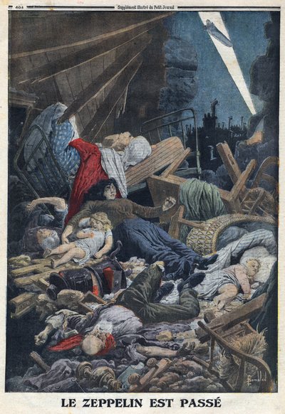 Primera Guerra Mundial 1914-1918. Población civil asesinada en su hogar por el bombardeo de un zepelín de la fuerza aérea alemana. En “Le Petite Journal”, el 13/02/1916. Colección privada de Anonymous Anonymous