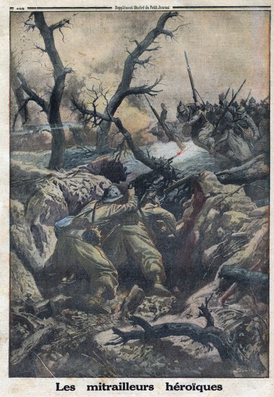 Primera Guerra Mundial 1914-1918. Ametralladores franceses disparando a militares alemanes atacantes. En “Le Petite Journal”, el 9/04/1916. Colección privada de Anonymous Anonymous