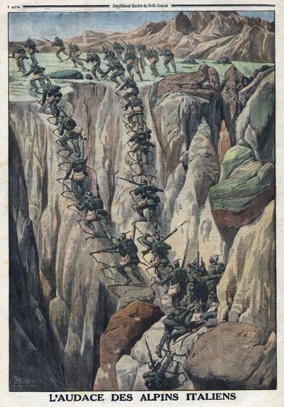 Primera Guerra Mundial 1914-1918. Soldados italianos escalan la cima del Cauriol en los Alpes de Fiemme en Italia. En 