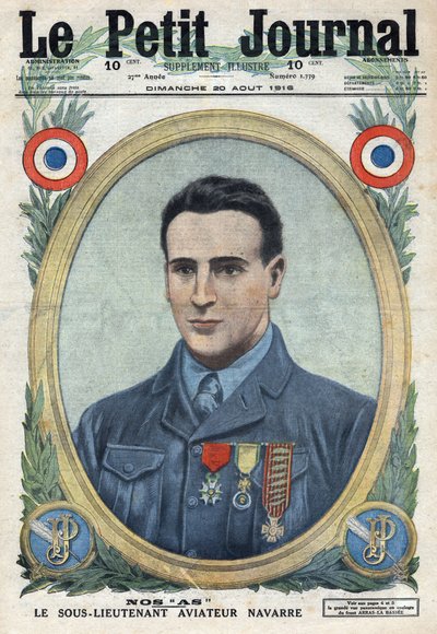 Primera Guerra Mundial 1914-1918. Retrato de Jean Navarre (1895-1919) aviador del ejército francés. En 