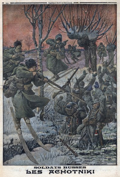 Primera Guerra Mundial 1914-1918. Soldados rusos Ahotniki en esquís disparan a soldados alemanes. En 
