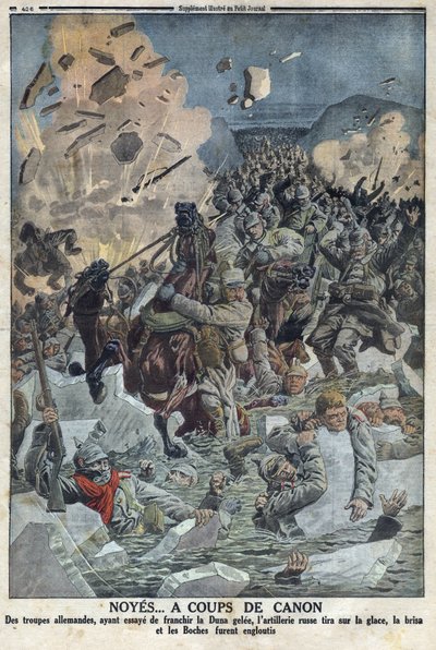 Primera Guerra Mundial 1914-1918. El ejército alemán intenta cruzar el río Duna, pero la artillería rusa dispara sobre el hielo con un cañón y ahoga al ejército alemán (apodado Boche en el texto). En “Le Petite Journal” de Anonymous Anonymous