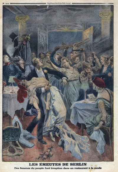 Primera Guerra Mundial 1914-1918. Las mujeres del pueblo irrumpen en un restaurante de moda y exigen el regreso de sus maridos. En "Le Petite Journal", el 16/01/1916. Colección privada de Anonymous Anonymous