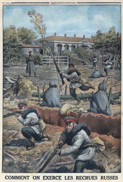 Primera Guerra Mundial 1914-1918. Entrenamiento de jóvenes soldados reclutados por el ejército ruso. En 