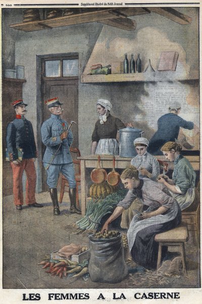 Primera Guerra Mundial 1914-1918. Mujeres preparando comida en las cocinas de los barracones. Tres chefs en la corvea de patatas, pelan las patatas. En 