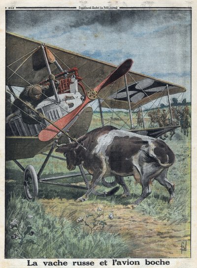 Primera Guerra Mundial 1914-1918. Vaca en Rusia impidiendo que un avión del ejército alemán despegue. En “Le Petite Journal”, el 22/10/1916. Colección privada de Anonymous Anonymous