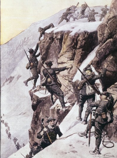 Primera Guerra Mundial: cazadores alpinos italianos (alpino o alpini) escalando la cumbre del Tuckettspitze, Alpes circa 1915. Ilustración de 