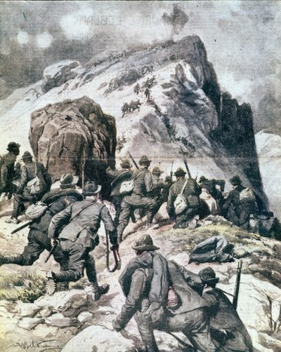 Primera Guerra Mundial: “cazadores alpinos italianos (alpino o alpini) escalando la cima del Cauriol, Alpes italianos” 1916. Ilustración de “La domenica del corriere” de Anonymous Anonymous