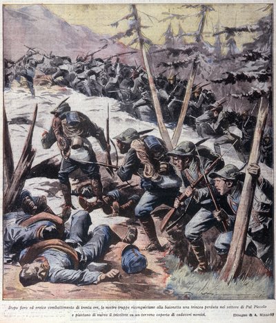 Primera Guerra Mundial: cazadores alpinos italianos recuperan el Pal Piccolo, Alpes italianos 1916. Ilustración de 