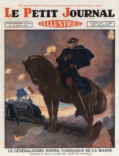 Primera Guerra Mundial: retrato del General Joseph Joffre (1852-1931) a caballo, representando como vencedor en el campo de batalla de La Marne (septiembre de 1914) - Ilustración de una pintura de Constantine Font. Grabado de "Le petit journal illustré" de de Anonymous Anonymous