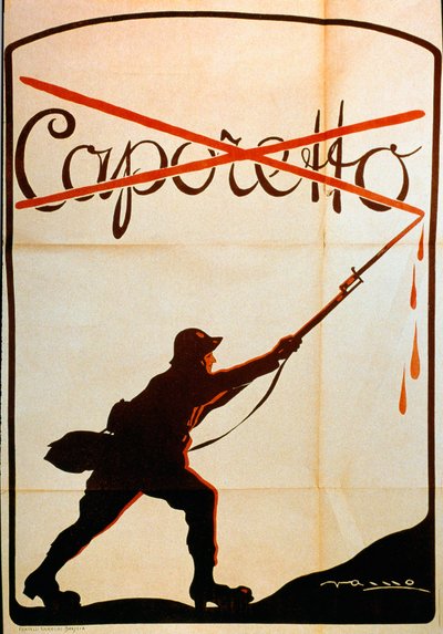 Primera Guerra Mundial: cartel publicado con motivo de la derrota de Caporetto (o Batalla de Karfreit) a finales de octubre de 1917 representando a un soldado del ejército italiano que arrancó el nombre 