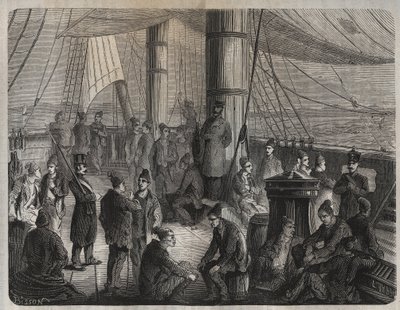 Primer convoy de fuerzas de Toulon a Cayena (Guayana) bajo el Decreto del 8 de diciembre de 1851. Grabado en “Histoire des bagnes depuis leur création à nos jours” (1877) por Pierre Zaccone (1817-1895). Colección privada. de Anonymous Anonymous