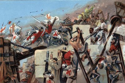 Primera cruzada (1096-1099): la captura de Jerusalén por los cruzados liderados por Godefroy de Bouillon (1061-1100) el 15 de julio de 1099. Cromolitografía publicitaria de chocolates Antoine en Bruselas, principios del siglo XX. Colección privada. de Anonymous Anonymous