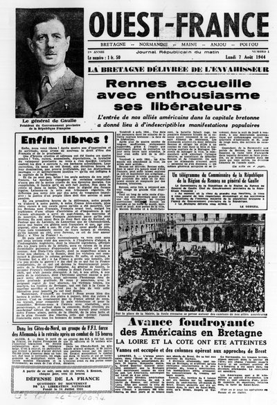 Primer número de West France del 7 de agosto de 1944: La Liberación en el oeste de Francia y el general de Gaulle - fotografía, B.N. de Anonymous Anonymous