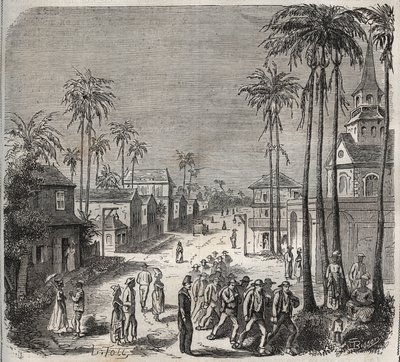 Forzados yendo a trabajar en el penitenciario Saint-Laurent en Cayena (Guayana Francesa) en el siglo XIX. Grabado en “Histoire des bagnes depuis leur création à nos jours” (1877) de Pierre Zaccone (1817-1895). de Anonymous Anonymous