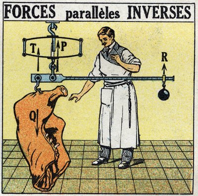 Fuerzas: fuerzas paralelas inversas. Un carnicero pesando una carcasa de carne con una balanza romana. Ilustración anónima de 1925. Colección privada. de Anonymous Anonymous