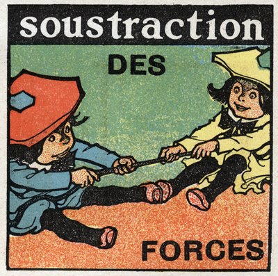 Fuerzas: resta de fuerzas. Dos niños tirando de una cuerda. Ilustración anónima de 1925. Colección privada. de Anonymous Anonymous