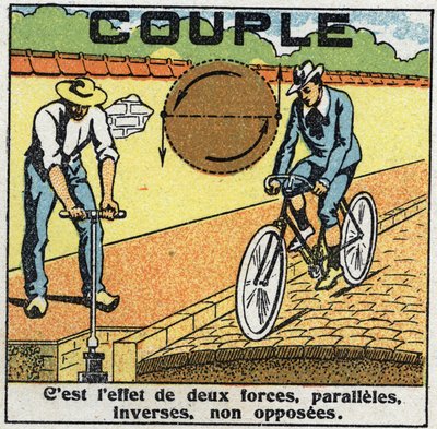 Fuerzas: par o fuerza de torsión. Fuente y ciclista. Ilustración anónima de 1925. Colección privada. de Anonymous Anonymous