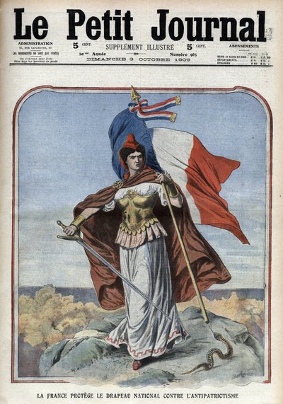 Francia (Marianne) protege la bandera nacional contra el antipatriotismo - 