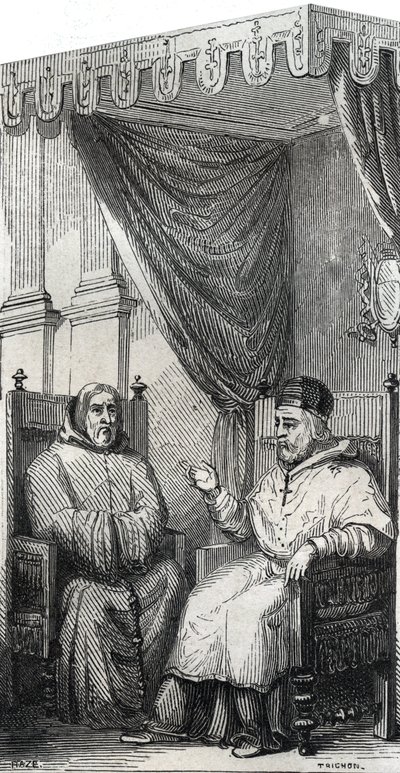 Francisco de Paula fundador de la Orden Católica Romana de los Mínimos y el Papa Sixto IV - San Francisco de Paula (Francesco di Paola) (1416-1507), fundador de la Orden de los Mínimos con el Papa Sixto IV - Grabado de 1846 en 