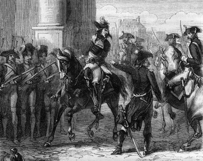François Hanriot (1761-1794), revolucionario francés en la puerta de la convención (9 termidor 1794) - Grabado en "Historia de los Girondinos" por Alphonse de Lamartine (1790-1869) 1865-1866 - Colección privada de Anonymous Anonymous