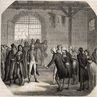 Revolución Francesa - Los Hebertistas - Los Hebertistas en la Conciergerie en París el 23 de marzo de 1794 - - Grabado en "Histoire des Girondins" por Alphonse de Lamartine (1790-1869) 1865-1866 - Colección privada de Anonymous Anonymous