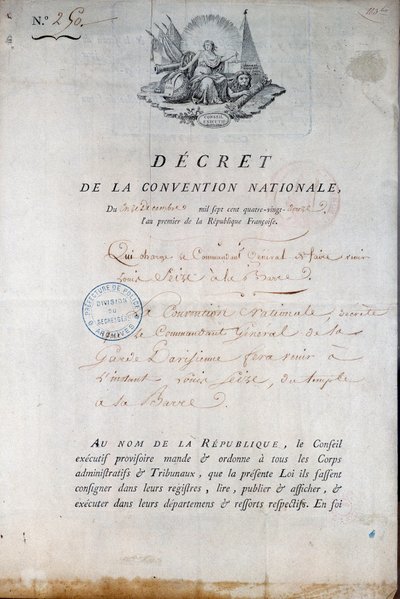 Revolución Francesa: Decreto de la Convención del 11/12/1792 ordenando a la Guardia Nacional llevar al Rey Luis XVI desde la Prisión del Temple al tribunal. París. Prefectura de Policía de Anonymous Anonymous
