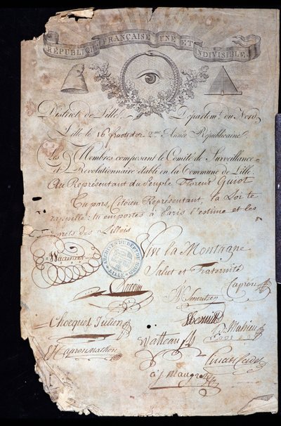 Revolución Francesa: atestación de ciudadanía de Guiot de Saint-Florent (Saint Florent) llamado Florent-Guiot (o Florent-Guyot) (1735-1834), revolucionario y representante del pueblo, por el Comité Revolucionario de Lille fechado el año 16 II (02/09/1 de Anonymous Anonymous