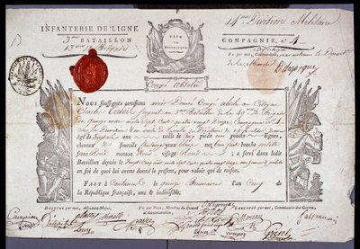 Revolución Francesa: documento oficial de licencia militar fechado 15 Brumario año V (05/11/1796) de un sargento del distrito de Coutances. Archivos Departamentales de Nord Lille de Anonymous Anonymous