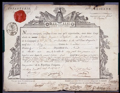 Revolución Francesa: documento oficial de licencia militar fechado el 5 Prairial año IV (24/05/1796) de un teniente de la brigada del distrito de Cambrai. Archivos Departamentales de Nord Lille de Anonymous Anonymous