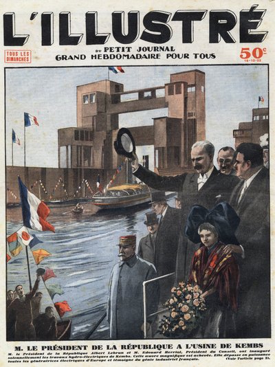 Industria francesa: Albert Lebrun (1871-1950), presidente de la República y Edouard Herriot (1872-1957), presidente del consejo, inauguraron la central hidroeléctrica de Kembs en el Alto Rin en Alsacia. Grabado en la portada de "L
