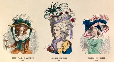 De izquierda a derecha: Sombrero a la marinera en 1787; Gran peinado en 1785 y sombrero bonete en 1786 de Anonymous Anonymous