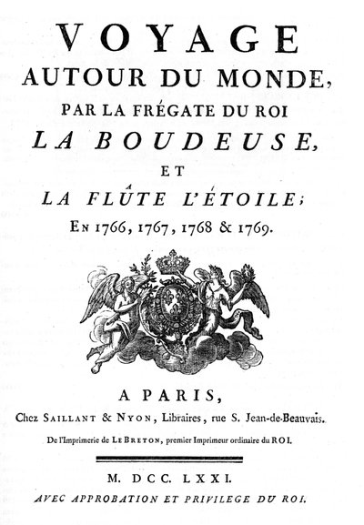 Frontispicio de 1771 del libro "Viaje alrededor del mundo por la fragata del rey La Boudeuse y la flauta L