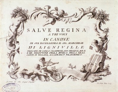 Portada de una partitura musical del himno Salve regina para tres voces del marqués de Ligneville (1768) de Anonymous Anonymous