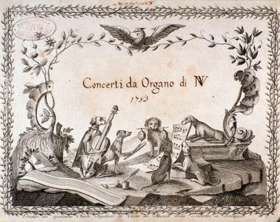 Portada de una partitura musical con representación de animales tocando instrumentos musicales (1783) de Anonymous Anonymous