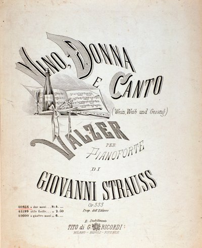 Frontispicio de la partitura musical de Vino, Mujeres y Canciones de Johann Strauss de Anonymous Anonymous