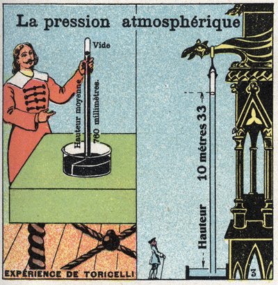 Presión de gas: presión atmosférica. A la izquierda, el experimento de Evangelista Torricelli sobre la presión atmosférica medida con su barómetro (tubo de mercurio) en 1643. A la derecha, la experiencia de Blaise Pascal. de Anonymous Anonymous